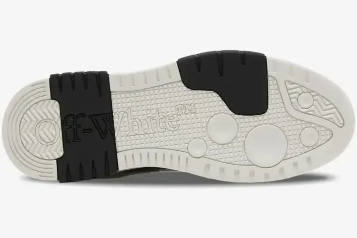 Bottom view of Off-White Out of Office Low Stormtrooper sneaker sole in white and black with embossed logo. - SKU OMIA189S24LEA0041001