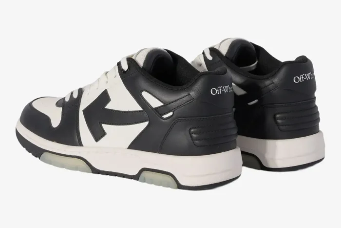 Rear-side view of Off-White Out Of Office sneakers in white and black leather with arrow logo. - SKU OMIA189C99LEA0070110