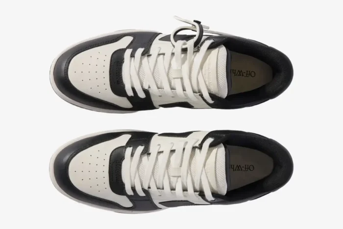 Top-down view of a pair of Off-White Out Of Office sneakers in white and black. - SKU OMIA189C99LEA0070110