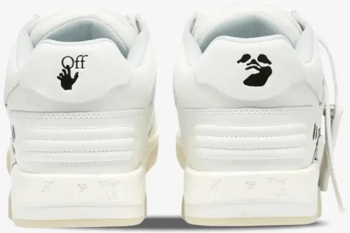 Rear view of white Off-White Out of Office leather sneakers featuring black heel logos. - SKU OWIA259C99LEA0040110