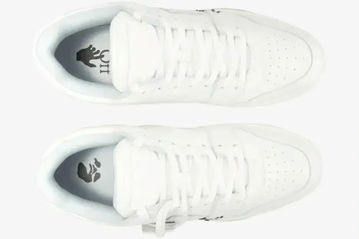 Top-down view of white Off-White Out of Office leather sneakers with logo insoles and white laces. - SKU OWIA259C99LEA0040110