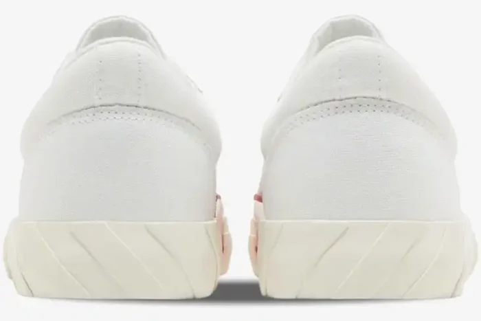 Rear view of Off-White Vulcanized Low Canvas sneakers in white with striped soles. - SKU OMIA085C99FAB0070110