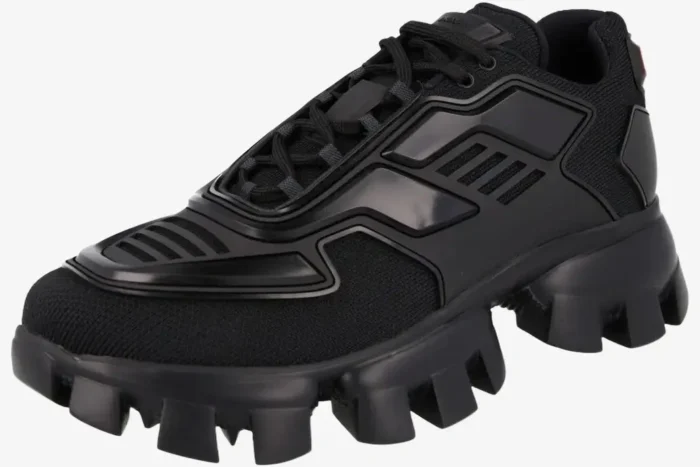 Prada Cloudbust Thunder black knit sculptural sneakers in a three-quarter side view. - SKU 2EG293-3KZU-F0002