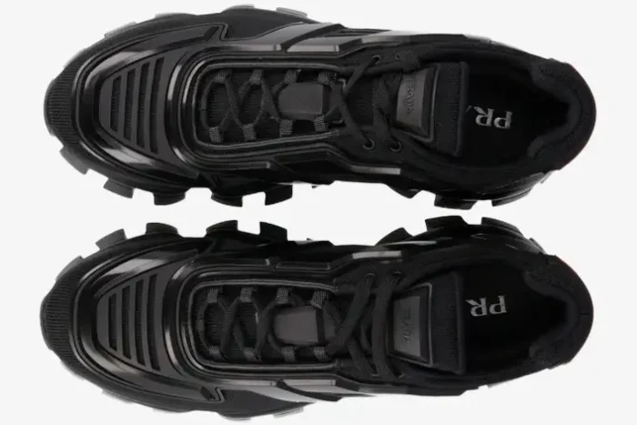 Top-down view of black Prada Cloudbust Thunder knit sculptural sneakers with chunky soles and laces. - SKU 2EG293-3KZU-F0002