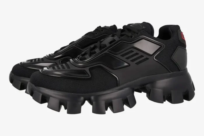 Prada Cloudbust Thunder Knit black sculptural sneakers shown from a side-angle view. - SKU 2EG293-3KZU-F0002