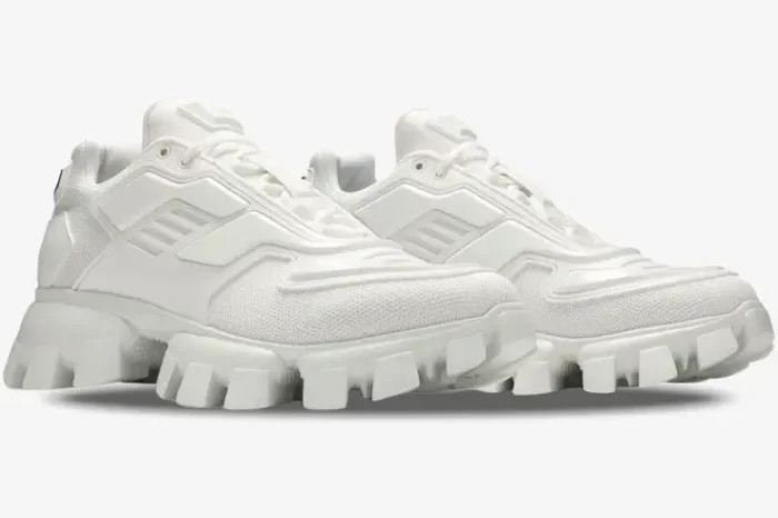 Prada Cloudbust Thunder Knit sneakers in white, shown from a side-profile perspective. - SKU 2EG293-3KZU-F0009