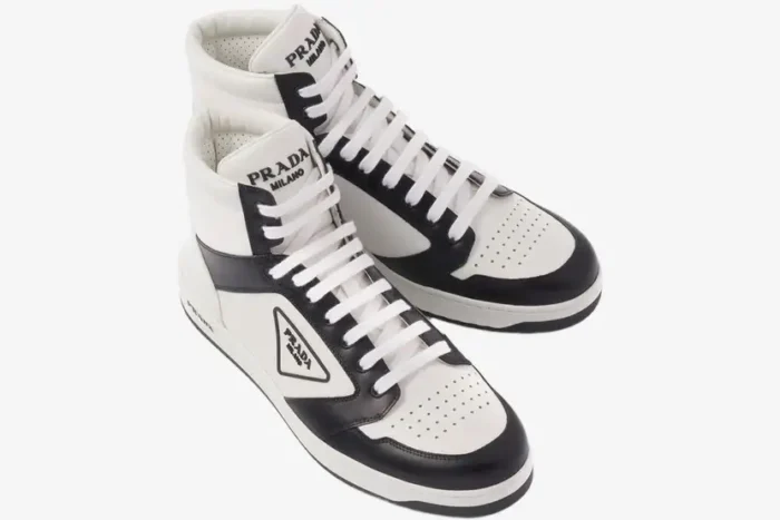 Prada District high top leather sneakers in white and black, shown from a top-down angled perspective. - SKU 2TE182-3LJ6-F0964