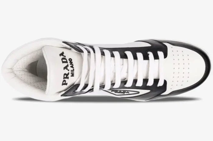 Top-down view of Prada District high-top leather sneakers in white and black with white laces. - SKU 2TE182-3LJ6-F0964