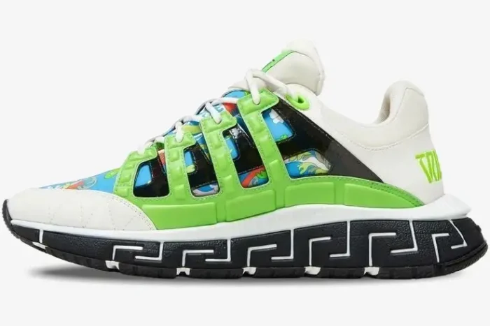 Side view of Versace Trigreca Baroccofest sneakers featuring a blue and green print with a black Greek key sole. - SKU DSU8094-1A02706-6V250