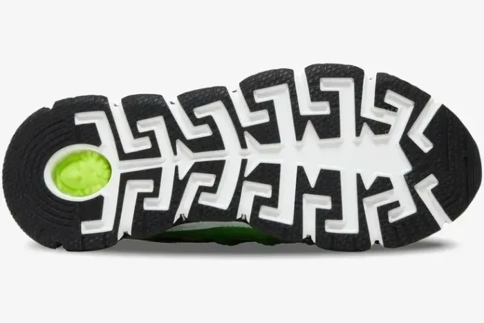 Bottom outsole view of Versace Trigreca Baroccofest sneaker in black and white with a green Medusa logo. - SKU DSU8094-1A02706-6V250