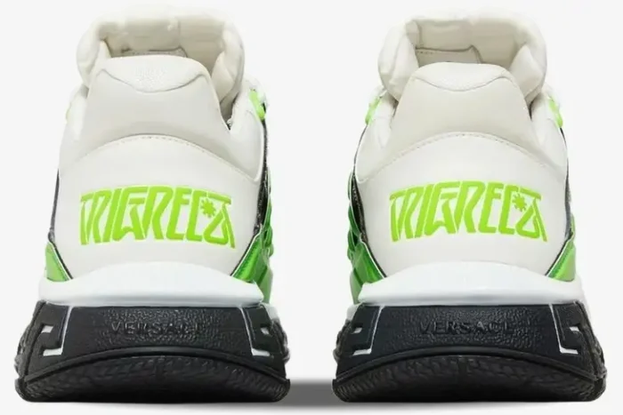 Rear view of Versace Trigreca Baroccofest sneakers in white and neon green with black soles. - SKU DSU8094-1A02706-6V250